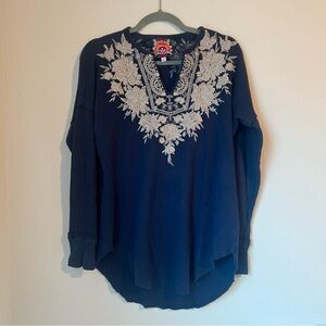 Johnny Was Christina Thermal Blue Long Sleeve Shirt Size M Waffle Knit